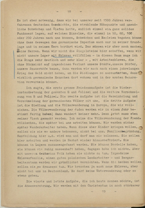 Page 18 du discours secret d’Himmler du 9 juin 1942 contenant le passage cité (en un an)