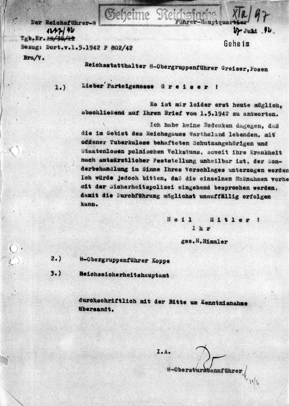 Fac-Simile: Himmler à Greiser le 27 juin 1942