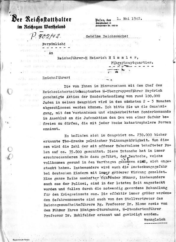 Fac-Simile: Greiser à Himmler le 1er mai 1942