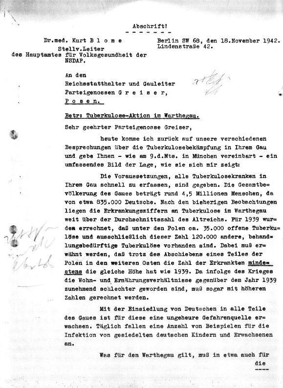 Fac-Simile: Blome à Greiser le 18 novembre 1942, page 1