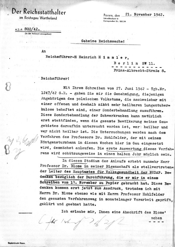 Fac-Simile: Greiser à Himmler le 21 novembre 1942, page 1