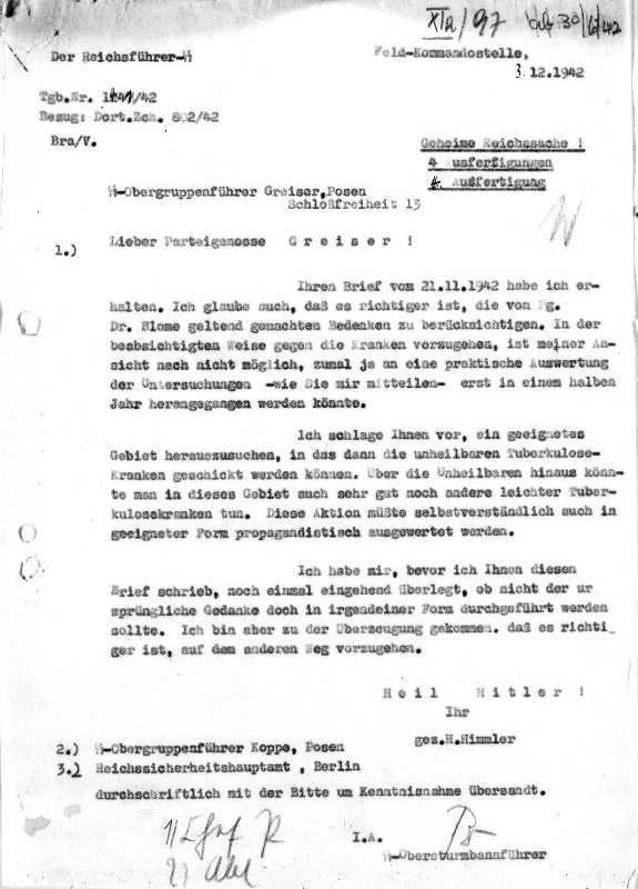 Fac-Simile: Himmler à Greiser le 3 décembre 1942