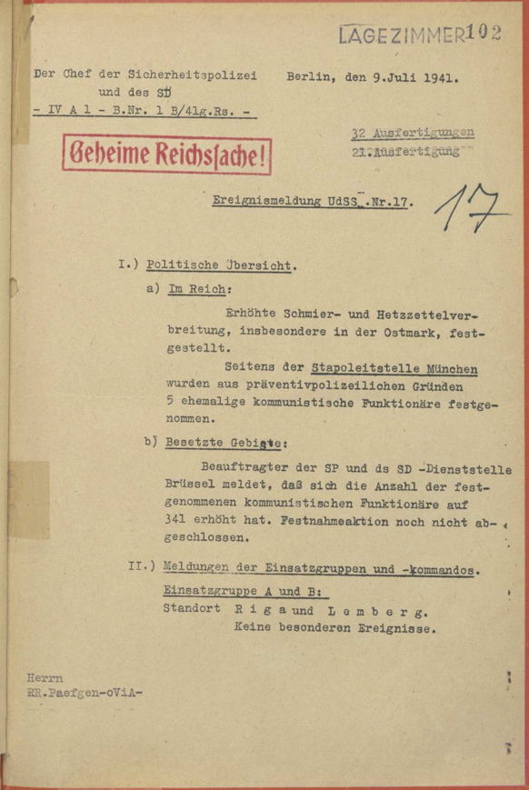 Première page du rapport du 9 juillet 1941