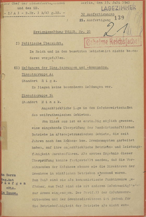 Première page du rapport du 13 juillet 1941