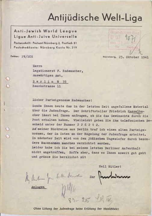 Scan de la lettre de Paul Wurm à Rademacher du 23 octobre 1941