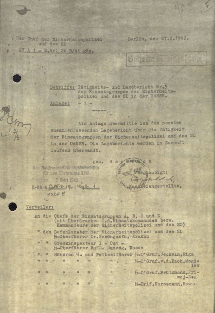 Première page du rapport de nomvembre 1941