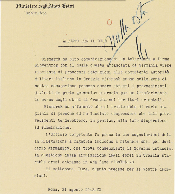 Note de Ciano à Mussolini du 21/08/1942
