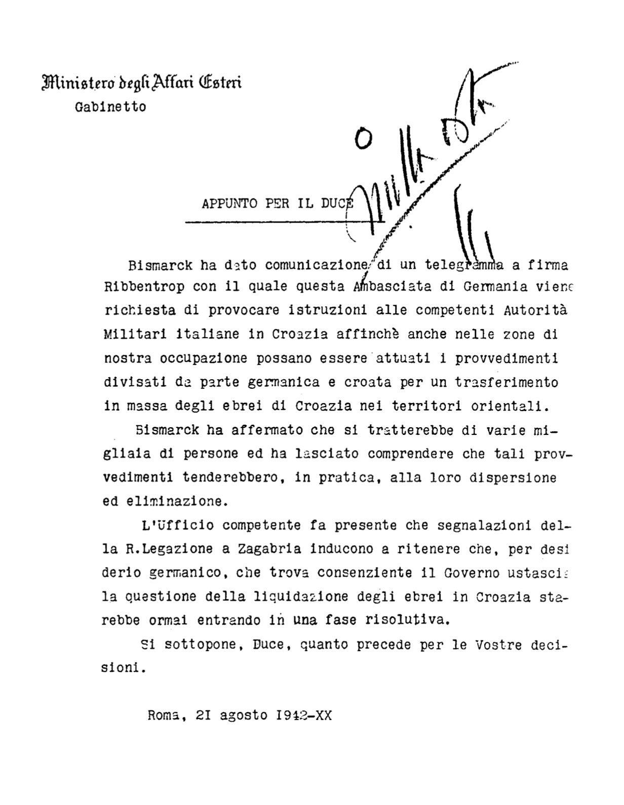 Note de Ciano à Mussolini du 21/08/1942