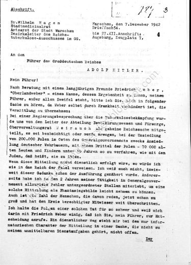 Première page du courrier de Hagen à Hitler du 07/12/1942