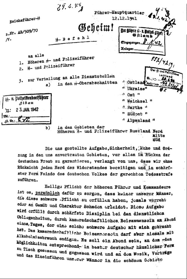 Ordres de Himmler aux responsables SS le 12/12/1941, page 1
