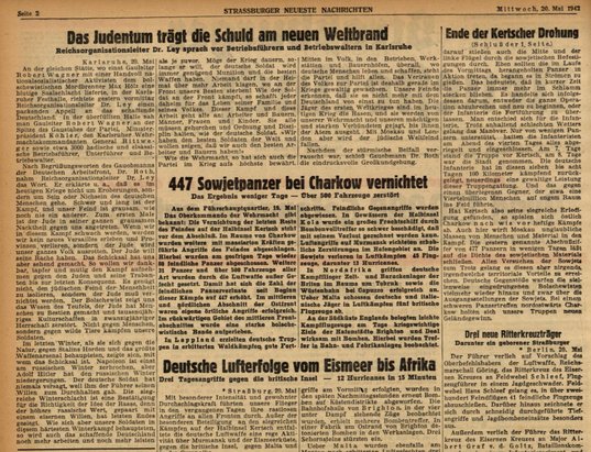 Scan Strassburger Neueste Nachrichten du 20 mai 1942 page 2 avec transcription discours de Robert Ley