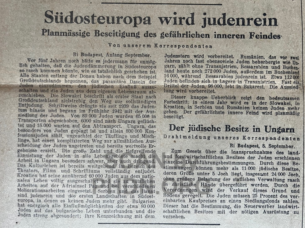 Article Südoseuropa wird Judenrein du Berliner Zeitung du 9 septembre 1942