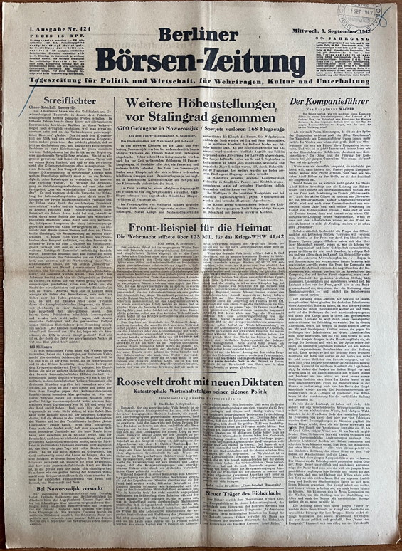 Page 1 du Berliner Zeitung du 9 septembre 1942