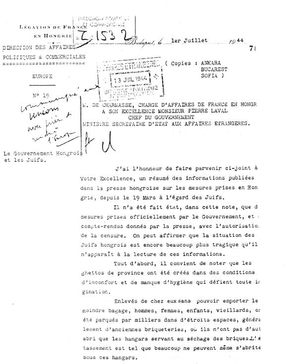 Scan page 1 de la dépêche de C. de Charmasse du 01/07/1944
