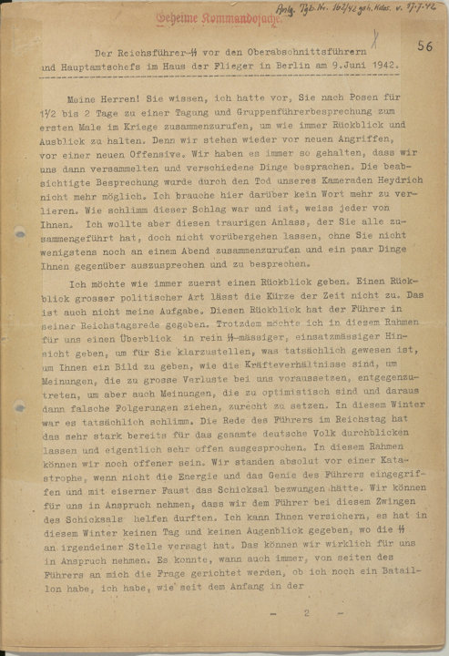 première page du discours secret d’Himmler du 9 juin 1942