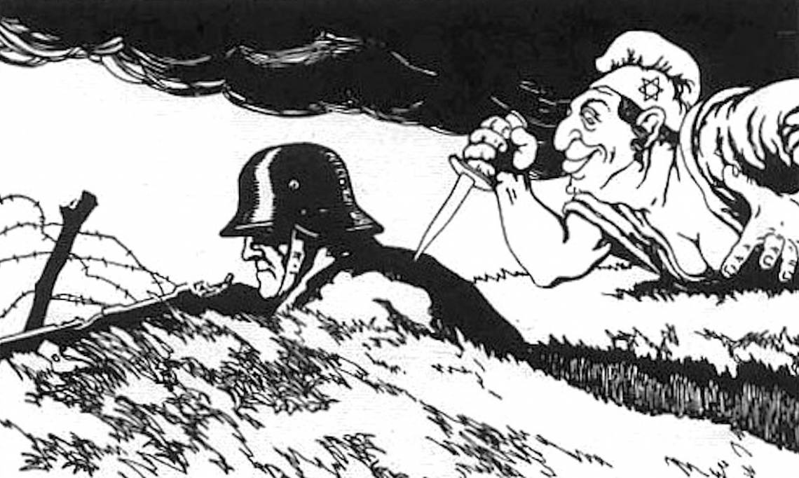 Carte postale autrichienne antisémite illustrant le concept du Dolchstoßlegende ou « coup de poignard dans le dos », 1919