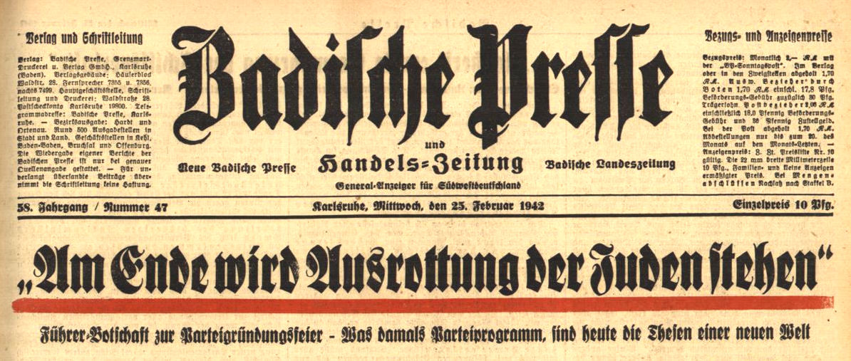 Première page du Badische Presse du 25 février 1942