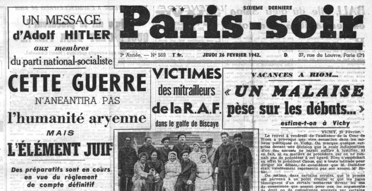 Première page de Paris Soir du 26 février 1942