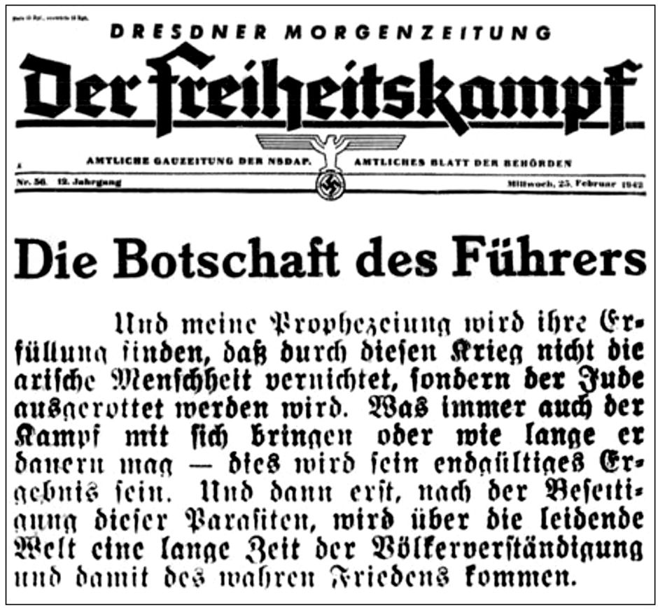 Placard de Der Freiheitskampf du 25.2.1942, reprenant le passage sur l’extermination