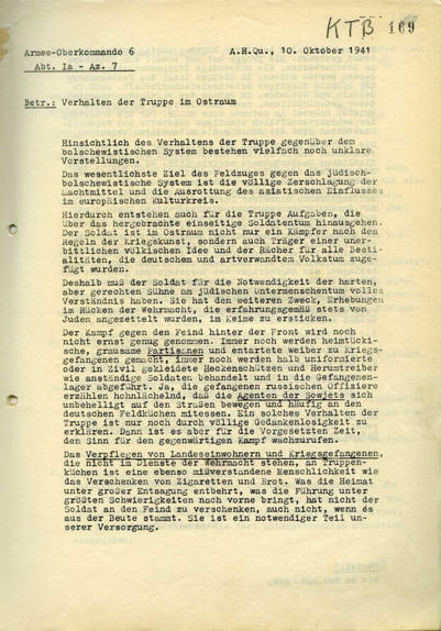 Scan page 1 des directives de Reichenau du 10 octobre 1941