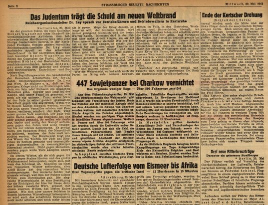 Scan Strassburger Neueste Nachrichten du 20 mai 1942 page 2 avec transcription discours de Robert Ley