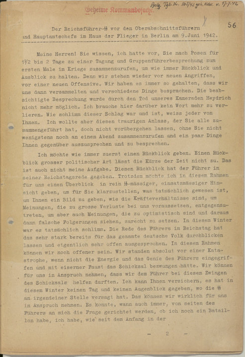 première page du discours secret d’Himmler du 9 juin 1942