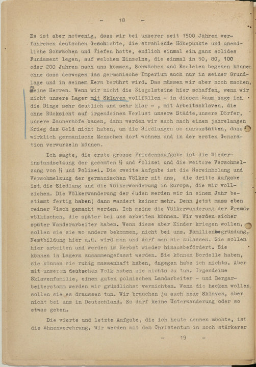 Page 18 du discours secret d’Himmler du 9 juin 1942 contenant le passage cité (en un an)