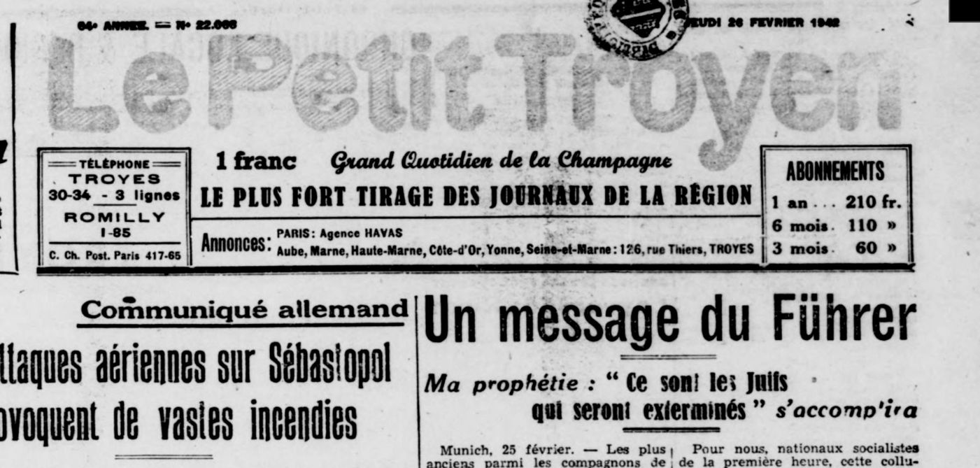 Première page du Petit Troyen du 26 février 1942