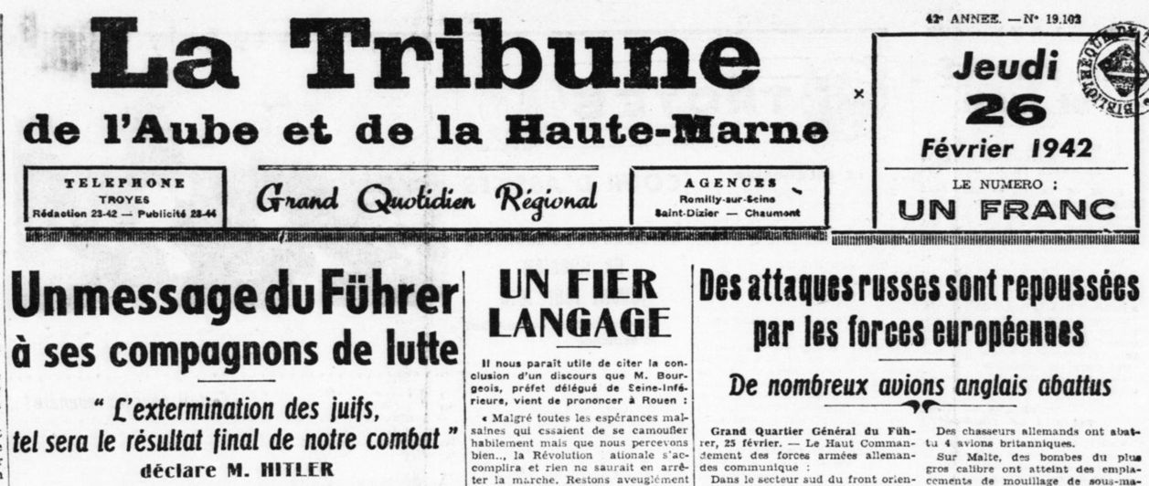 Première page de la Tribune de l’Aube du 26 février 1942
