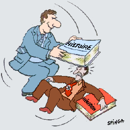 Dessin d’un historien ecrabouillant un negationniste